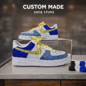 Custom Nike Air Force 1 Low Rhinestone Crystal Blue Yellow White Sneakers Womens